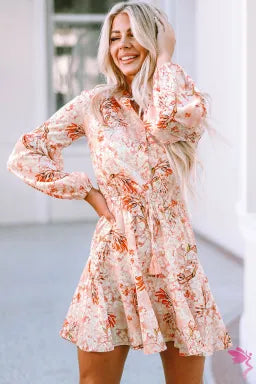 Orange Cinched Waist Floral Dress