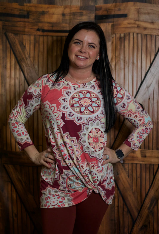 Paisley Abstract 3/4 Sleeve Twist Knot Top