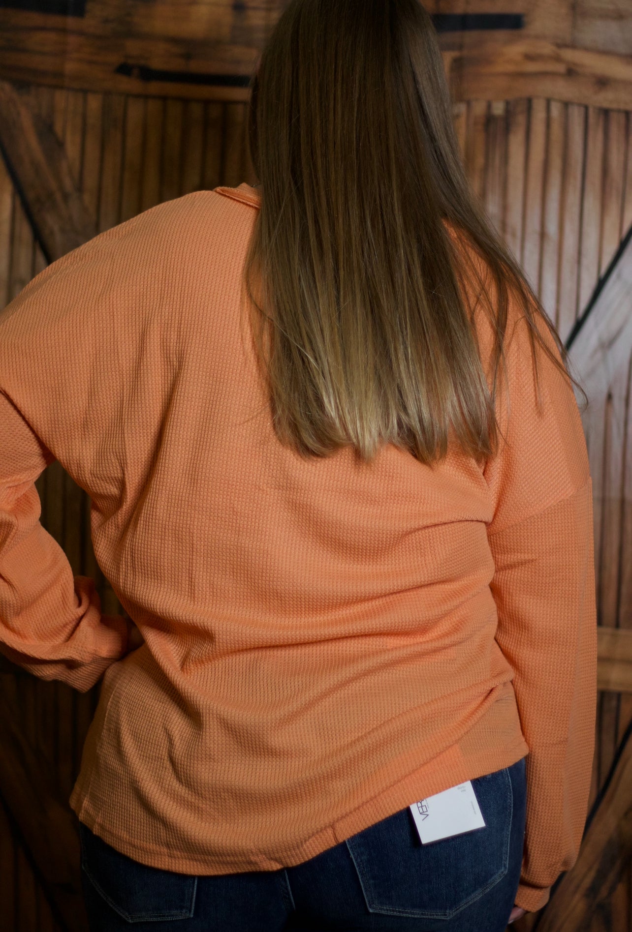 Orange Buttoned V Neck Waffle Knit Plus Size Top