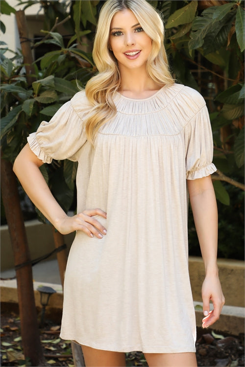 Oatmeal Short Sleeve Ruffle Detail Mini Dress