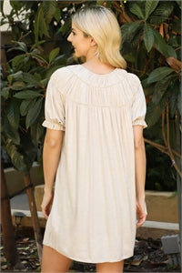 Oatmeal Short Sleeve Ruffle Detail Mini Dress