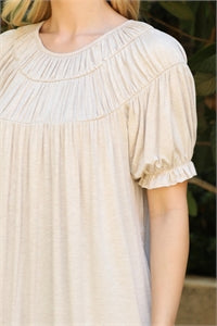 Oatmeal Short Sleeve Ruffle Detail Mini Dress