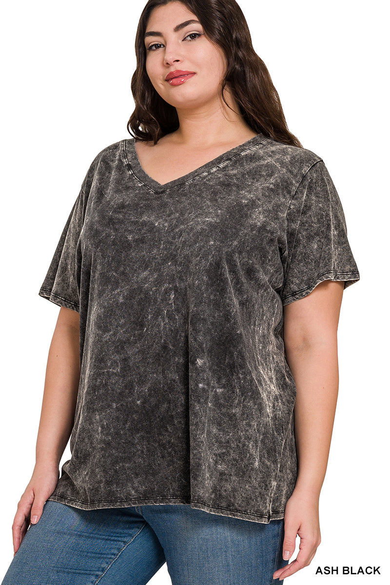 Plus Size Washed Short Sleeve V-Neck Top