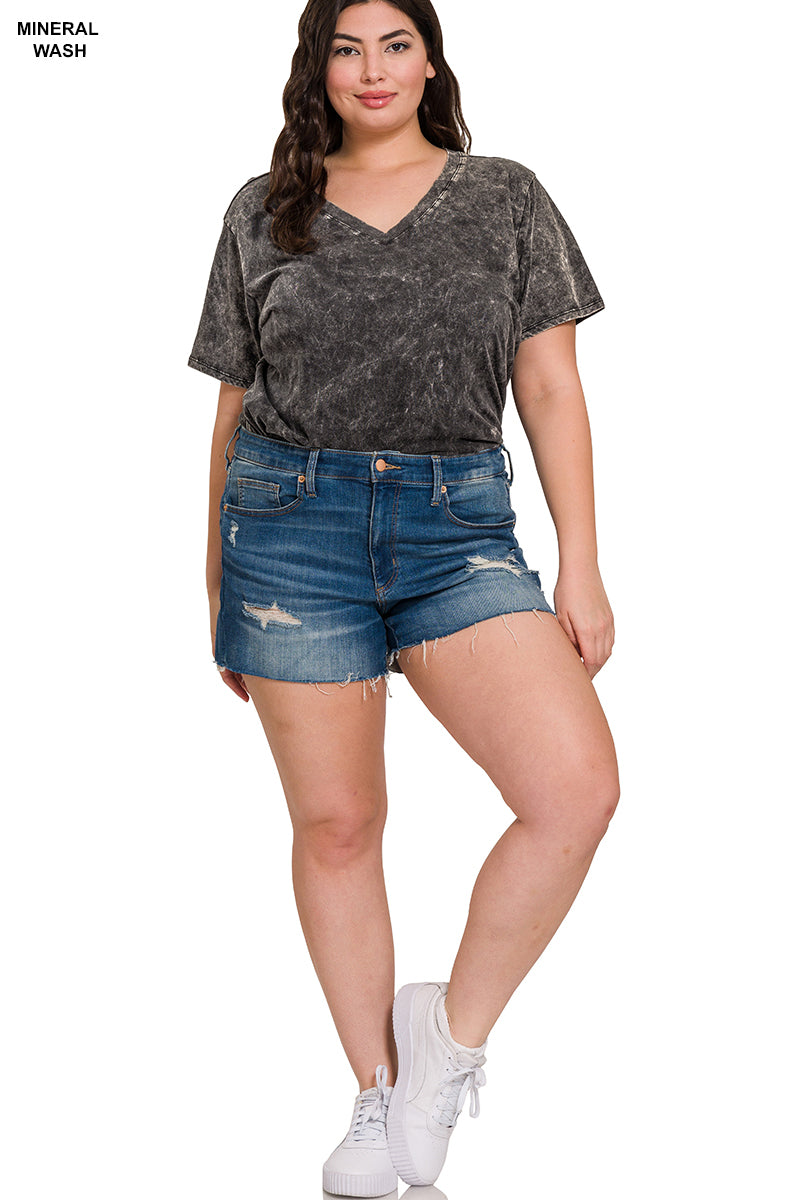 Plus Size Washed Short Sleeve V-Neck Top