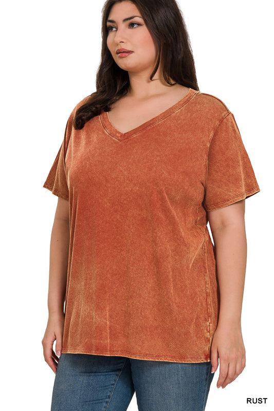 Plus Size Washed Short Sleeve V-Neck Top