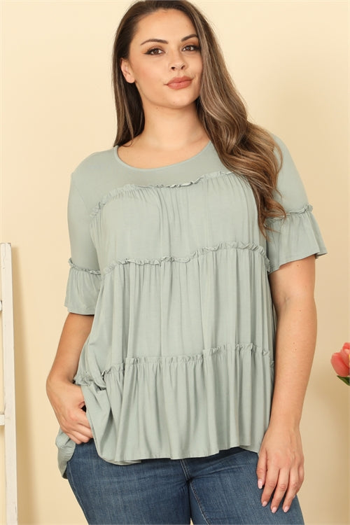 Sage Plus Size Tiered Ruffle Short Sleeve Solid Top