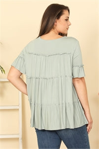 Sage Plus Size Tiered Ruffle Short Sleeve Solid Top