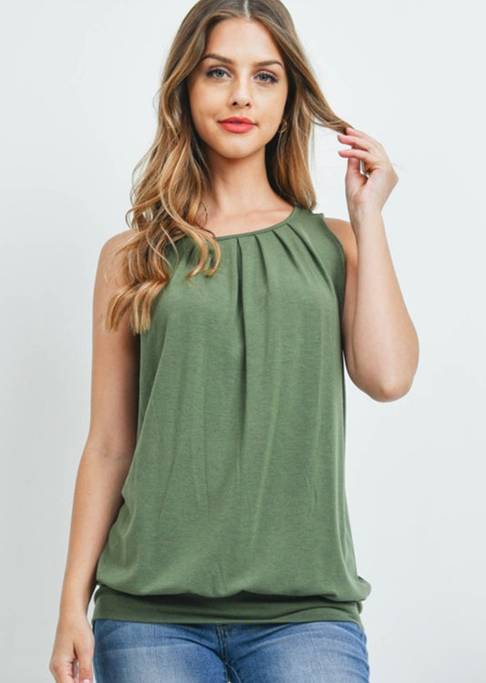 Round Neck Pleated Top with Waistband