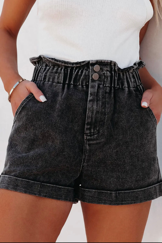 Vintage Washed Frilled High Waist Denim Shorts