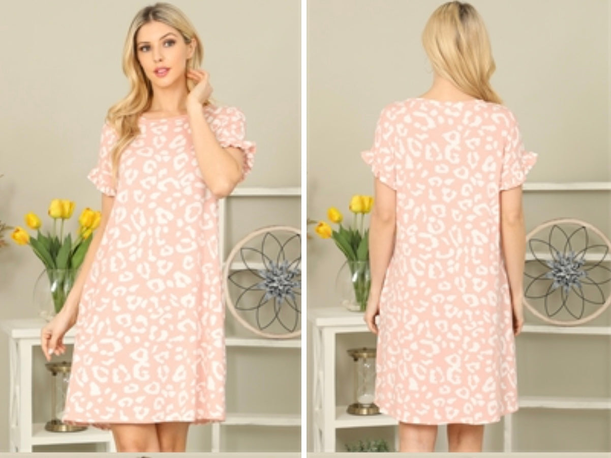 Leopard Ruffle Cuff Soft Blush Short Sleeve Dress