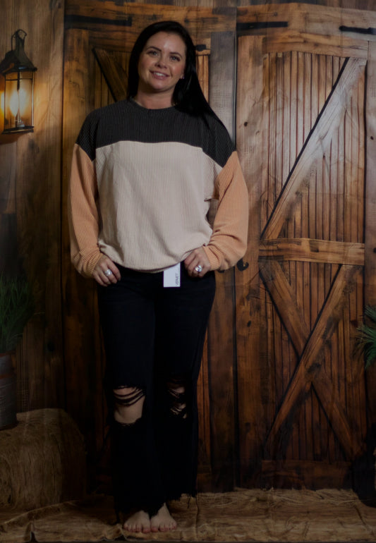 Multi Color Block Long Sleeve Ribbed Loose Top