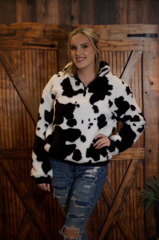 Cow Print Quarter Zip Fuzzy Sweatshirt