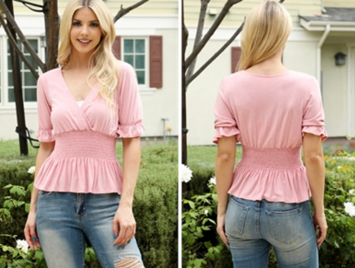 Rose Pink Surplice V-Neck Smocked Waist Top