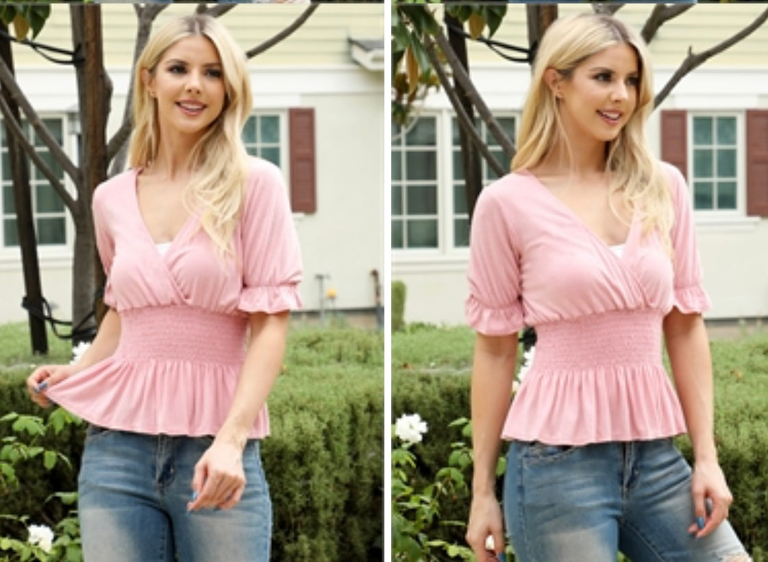 Rose Pink Surplice V-Neck Smocked Waist Top