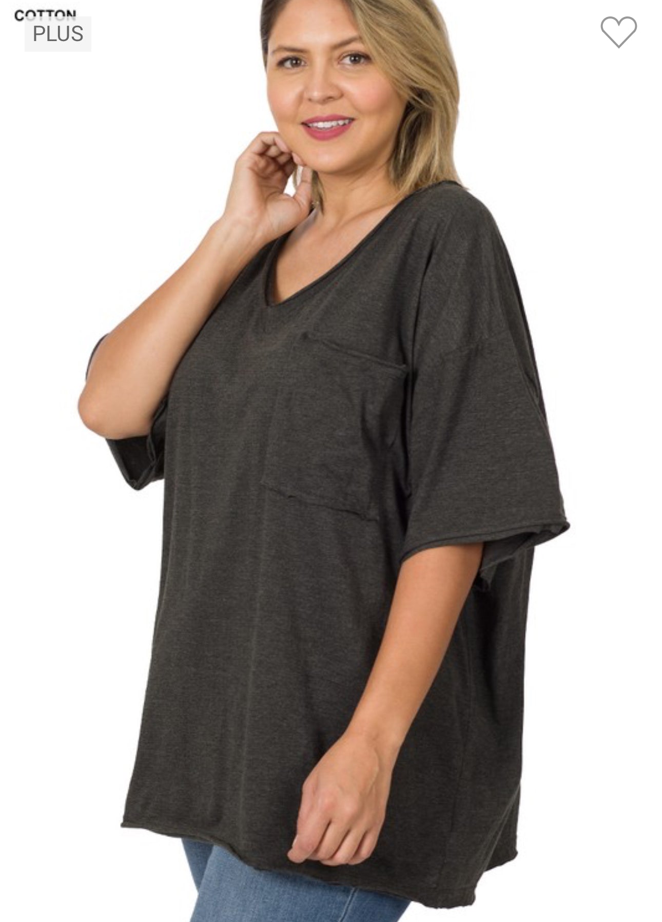 Zenana - Plus Oversized Front Pocket Raw Hem Edge Boyfriend Tee (Multiple Colors)