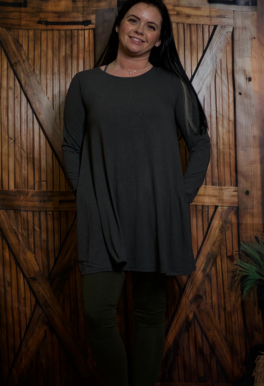 Long Sleeve Boat Neck Flared Pockets Tunic Top (Multiple Colors)