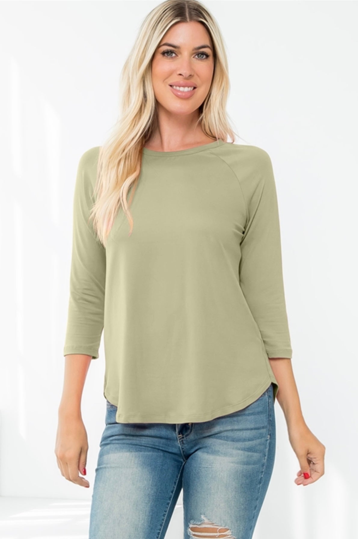 Sage Green 3/4 Sleeve Round Hem Solid Top