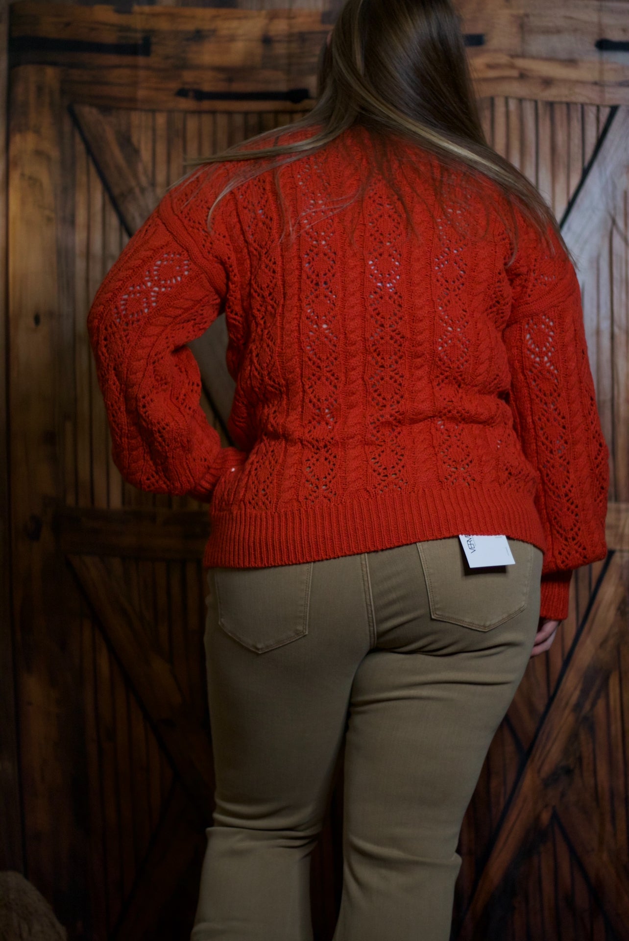 Orange Eyelet Lantern Sleeve Ribbed Trim Sweater