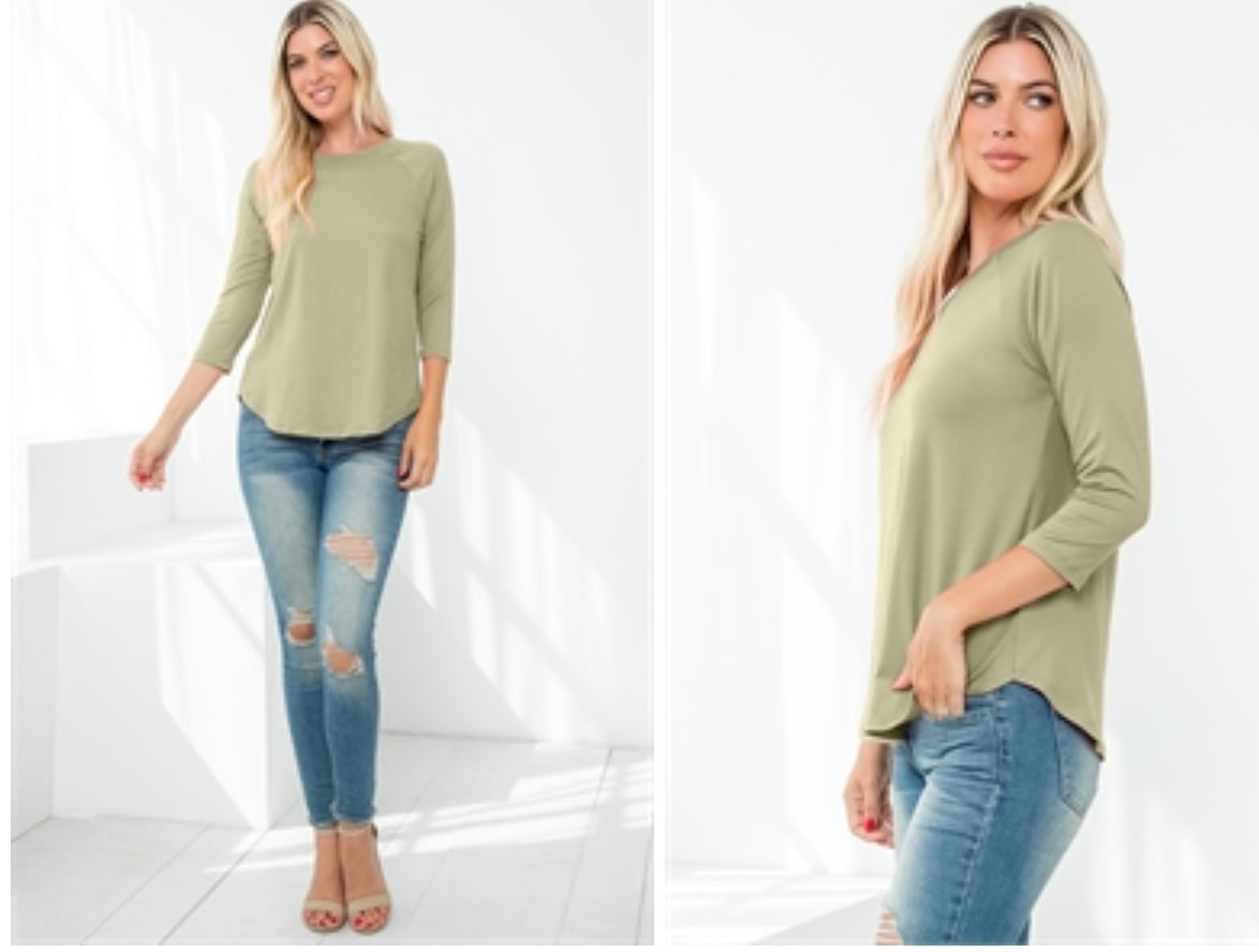 Sage Green 3/4 Sleeve Round Hem Solid Top