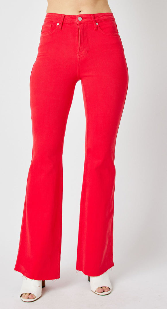 Judy Blue Tummy Control Red Garment Dyed Flare Jeans - Plus Size