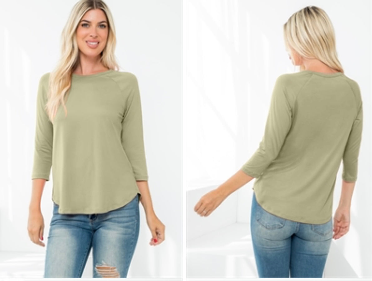 Sage Green 3/4 Sleeve Round Hem Solid Top