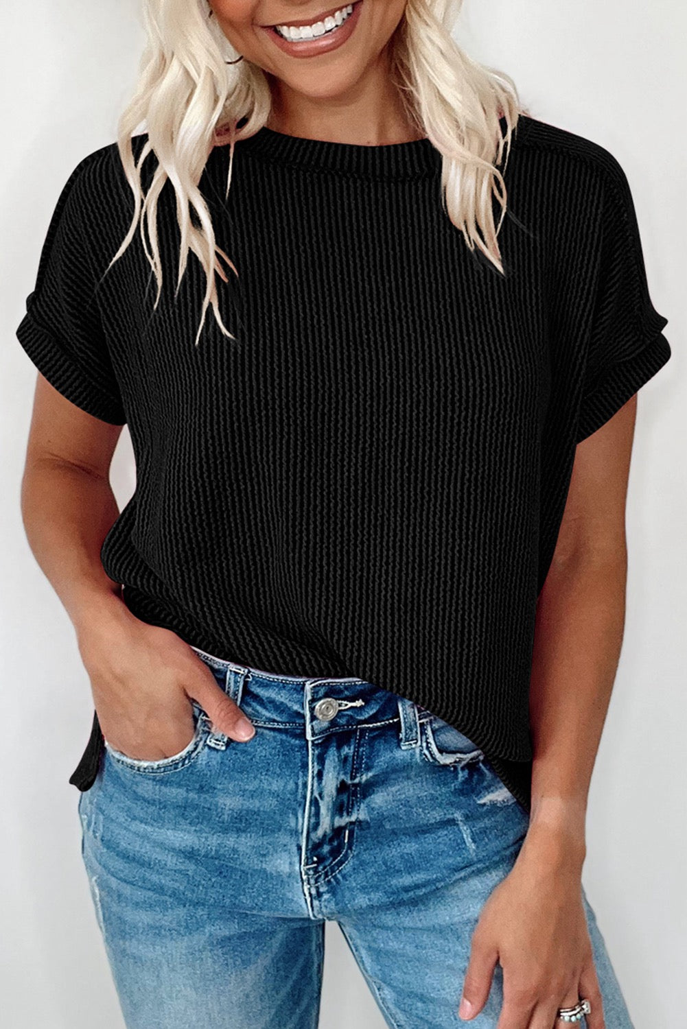 Black Textured Knit Exposed Stitching T-Shirt