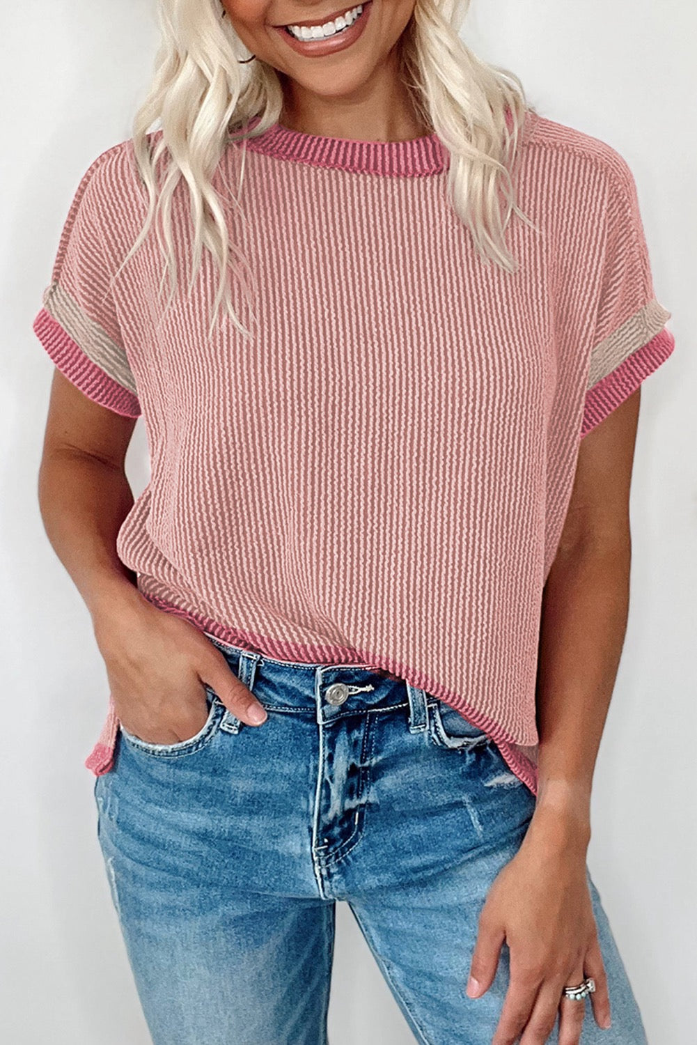 Light Pink Textured Contrast Trim Round Neck T-Shirt