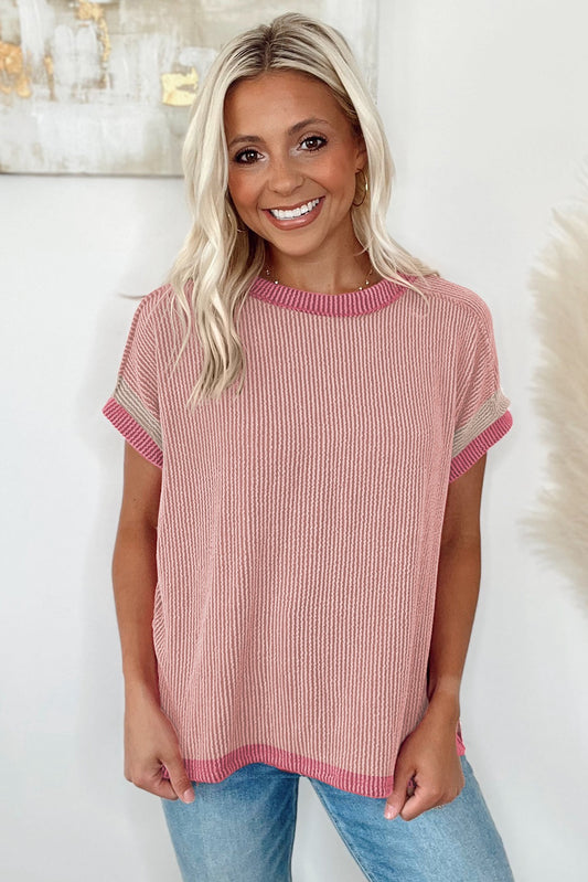 Light Pink Textured Contrast Trim Round Neck T-Shirt