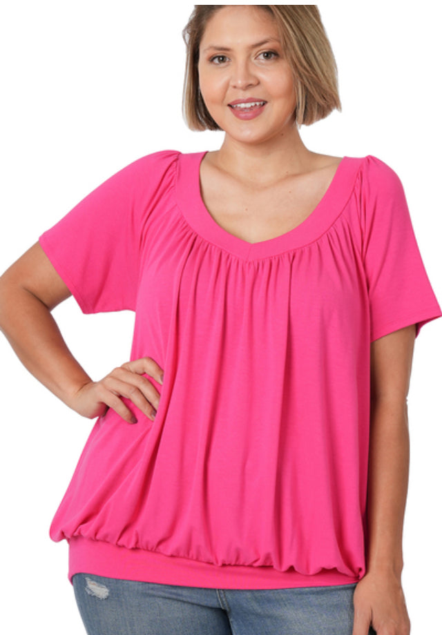 Zenana Plus V-Neck Short Sleeve Shirring Top