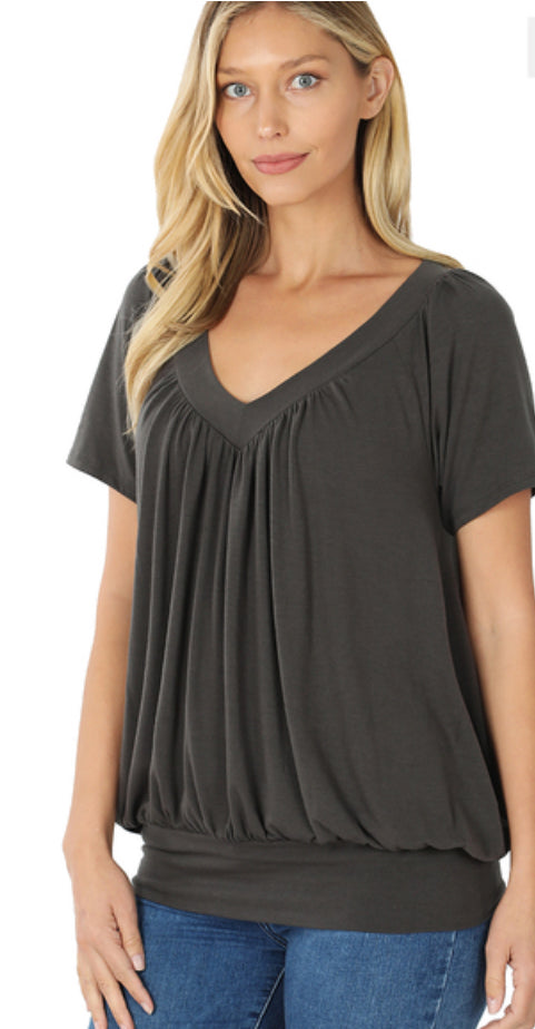 Zenana Plus V-Neck Short Sleeve Shirring Top