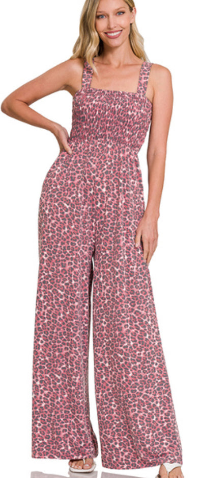 Leopard Smocked Top Wide Leg Jumpsuit with Pockets