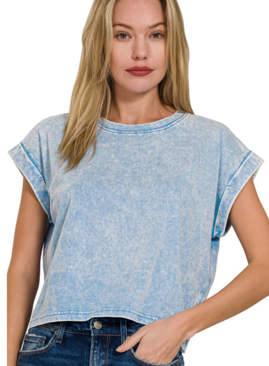 Zenana Washed Cotton Cuffed Short Sleeve Top