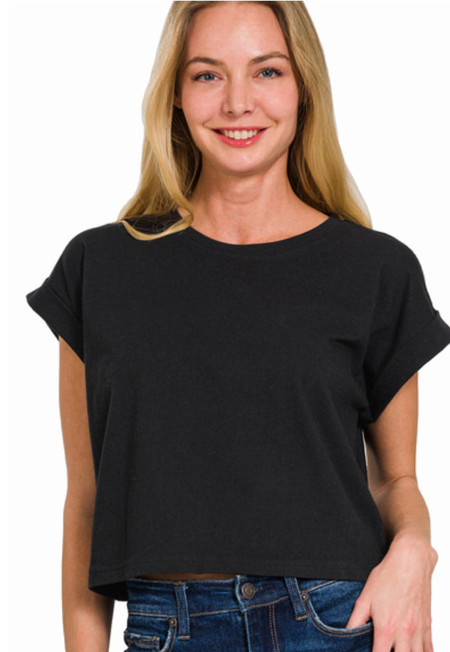 Zenana Cotton Folded Sleeve Crop Top (Multiple Colors)