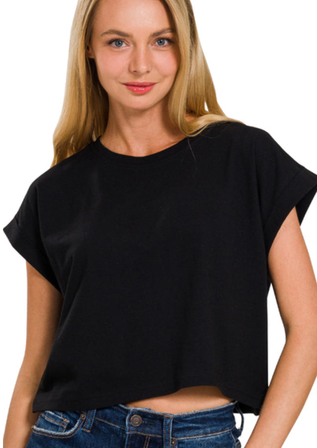 Zenana Cotton Folded Sleeve Crop Top (Multiple Colors)