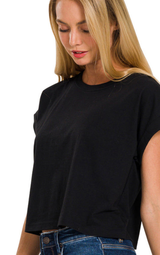 Zenana Cotton Folded Sleeve Crop Top (Multiple Colors)