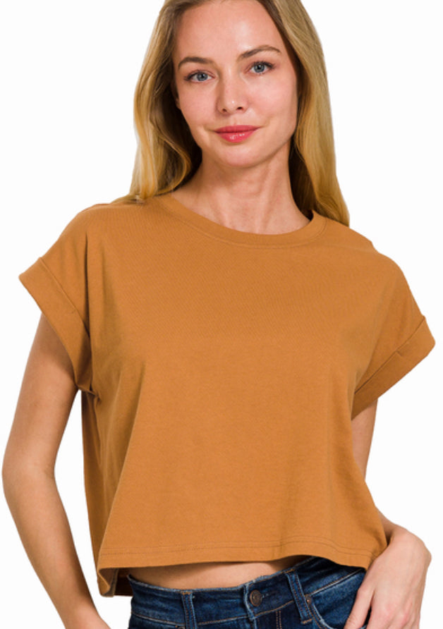 Zenana Cotton Folded Sleeve Crop Top (Multiple Colors)