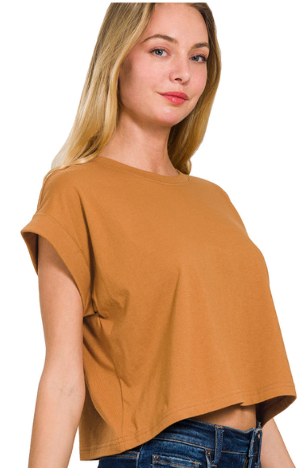 Zenana Cotton Folded Sleeve Crop Top (Multiple Colors)