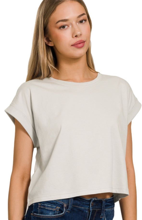 Zenana Cotton Folded Sleeve Crop Top (Multiple Colors)