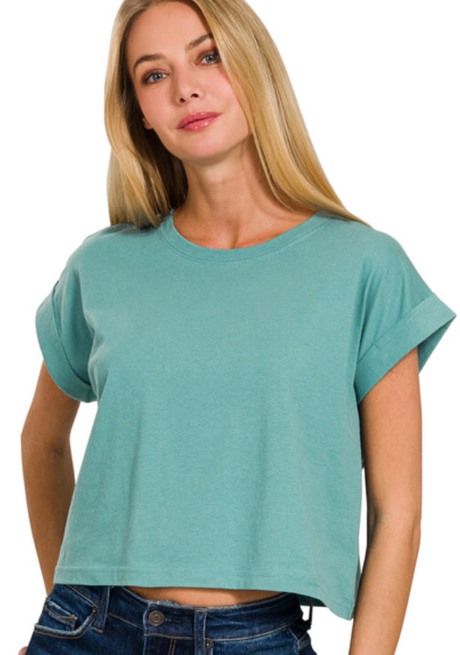 Zenana Cotton Folded Sleeve Crop Top (Multiple Colors)