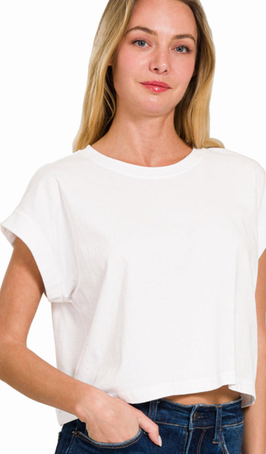 Zenana Cotton Folded Sleeve Crop Top (Multiple Colors)