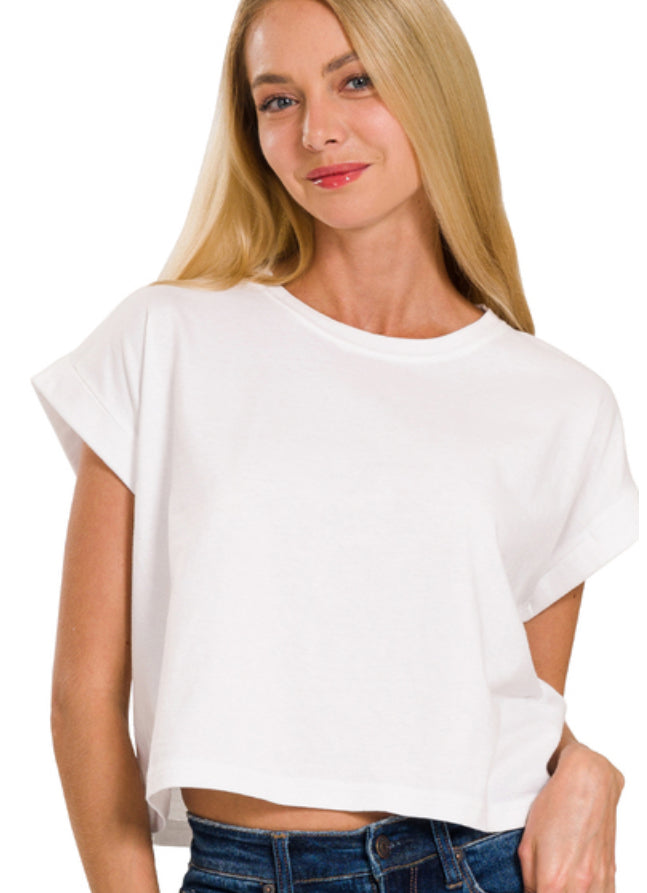 Zenana Cotton Folded Sleeve Crop Top (Multiple Colors)