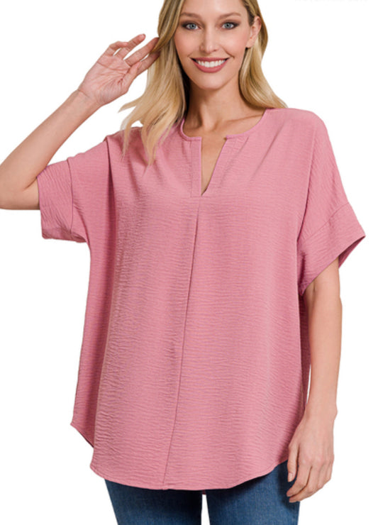 Zenana Woven Airflow Split Neck Short Sleeve Top (Multiple Colors)