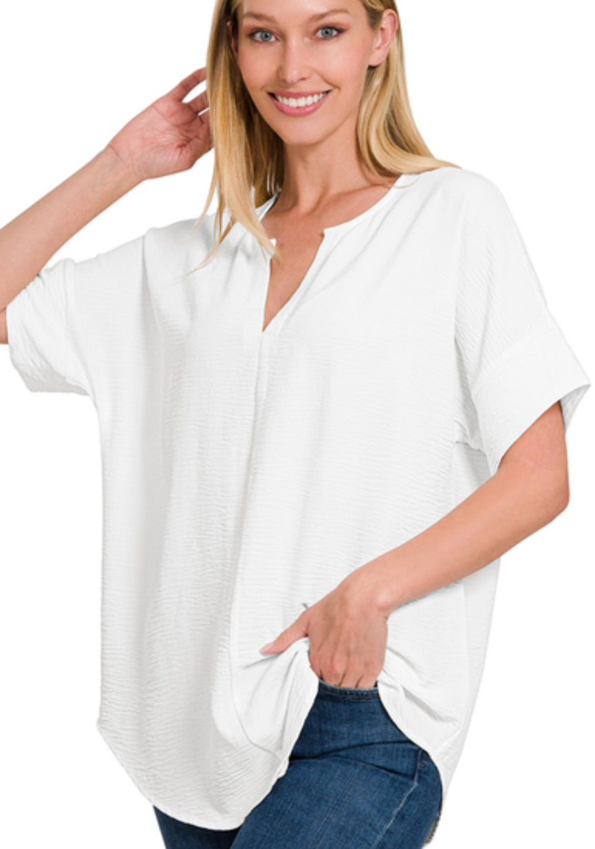 Zenana Woven Airflow Split Neck Short Sleeve Top (Multiple Colors)