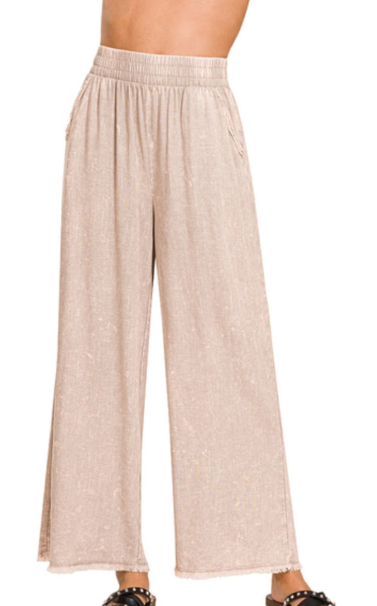 Zenana Washed Linen Frayed Hem Elastic Band Waist Pants