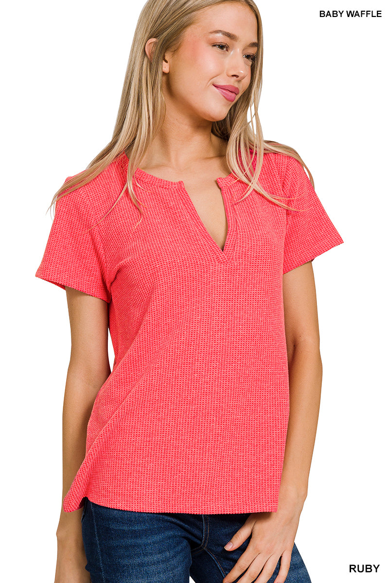 ZENANA MELAGE BABY WAFFLE HENLEY NECK SHORT SLEEVE TOP (MULTIPLE COLORS)