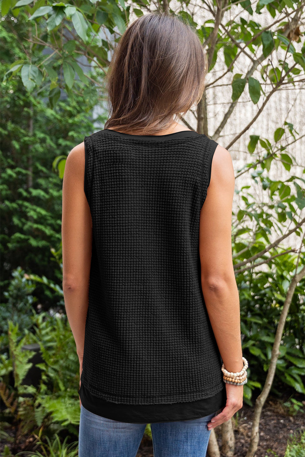 Scoop Neck Waffle Knit Flowy Vest