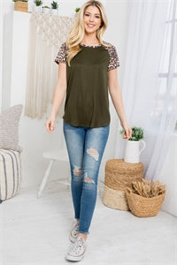 Leopard Sleeve and Neckband Solid Rib Top