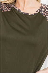 Leopard Sleeve and Neckband Solid Rib Top