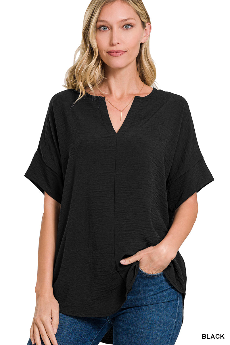 Zenana Woven Airflow Split Neck Short Sleeve Top (Multiple Colors)