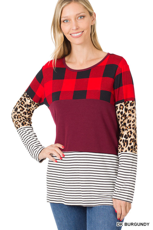 ZENANA BUFFALO PLAID LEOPARD STRIPED SPLICING TOP